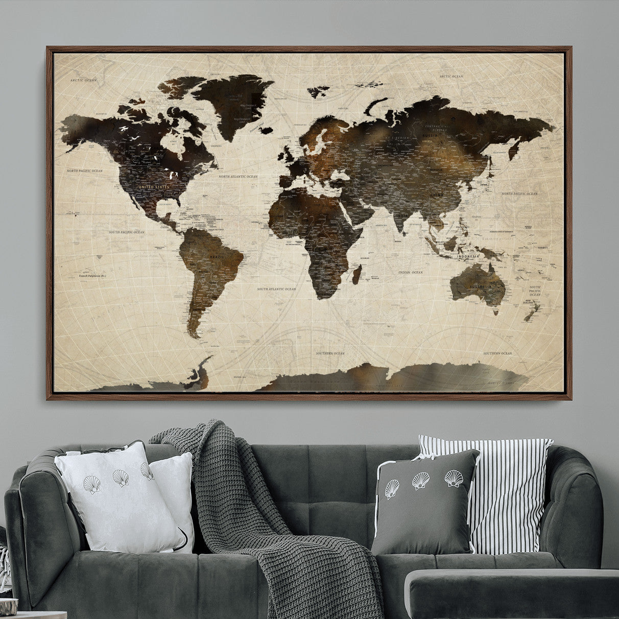 81771296-MGV-FC-36X24 - World Map Wall Art Canvas Print, Modern Decorative Framed Map Artwork Prints for Living Room, Office, Bedroom Wall Decor
