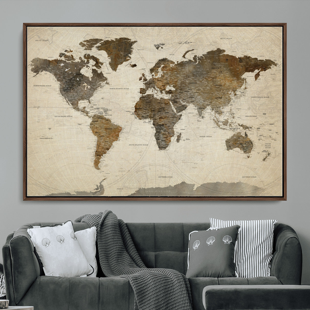 91849163-MGV-FC-36X24 - World Map Wall Art Canvas Print, Modern Decorative Framed Map Artwork Prints for Living Room, Office, Bedroom Wall Decor
