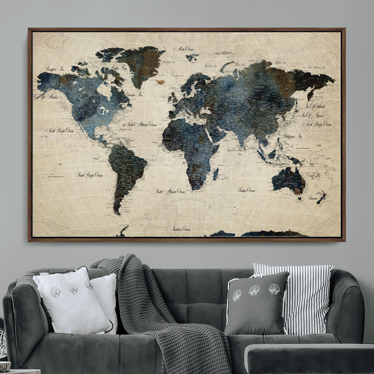 33438443-MGV-FC-36X24 - World Map Wall Art Canvas Print, Modern Decorative Framed Map Artwork Prints for Living Room, Office, Bedroom Wall Decor