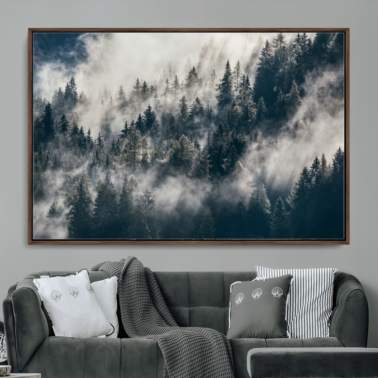 270372951-MGV-FC-36X24 - Misty Pine Forest Canvas Wall Art – Dark Forest Mountaing and Nature Landscape Print, Horizontal Canvas Print
