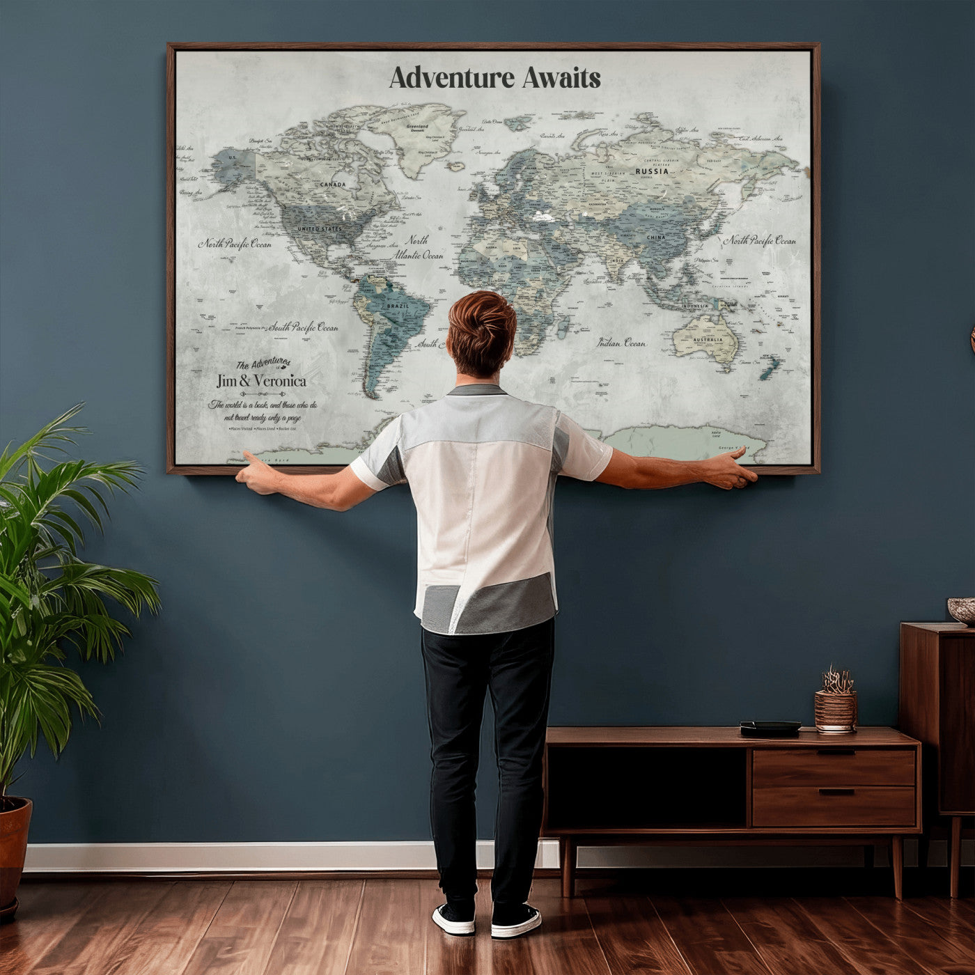 99034689-MGV-FC-36X24 - Customized Push Pin World Map Wall Art Canvas Print with Pins, Framed Personalize Travel Tracker Map, World Map for Living Room and Office Decor