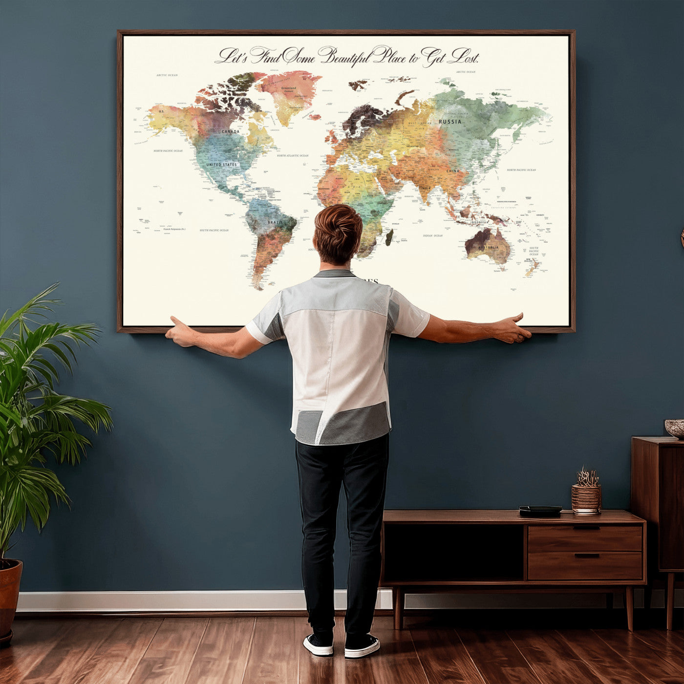 67119830-MGV-FC-36X24 - Customized Push Pin World Map Wall Art Canvas Print with Pins, Framed Personalize Travel Tracker Map, World Map for Living Room and Office Decor
