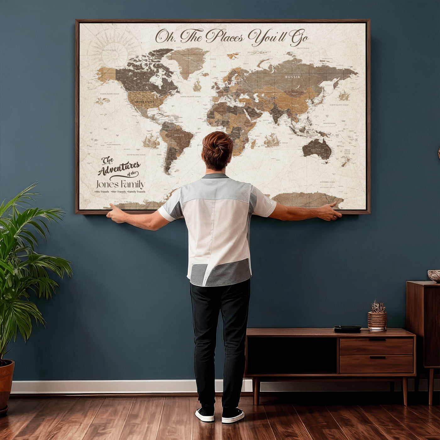 97885954-MGV-FC-36X24 - Customized Push Pin World Map Wall Art Canvas Print with Pins, Framed Personalize Travel Tracker Map, World Map for Living Room and Office Decor