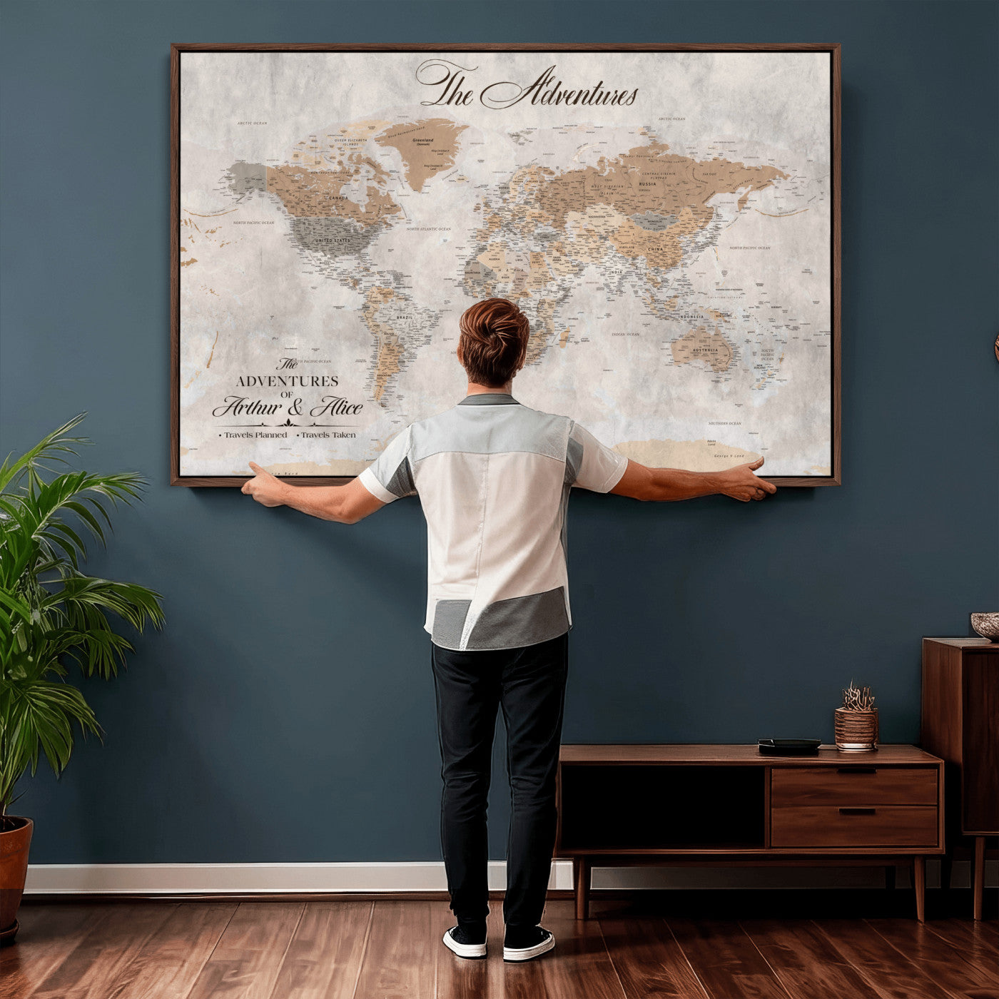 85771580-MGV-FC-36X24 - Custom Push Pin World Map Wall Art Canvas Print with Pins, Framed Personalize Travel Tracker Map, World Map for Living Room and Office Decor