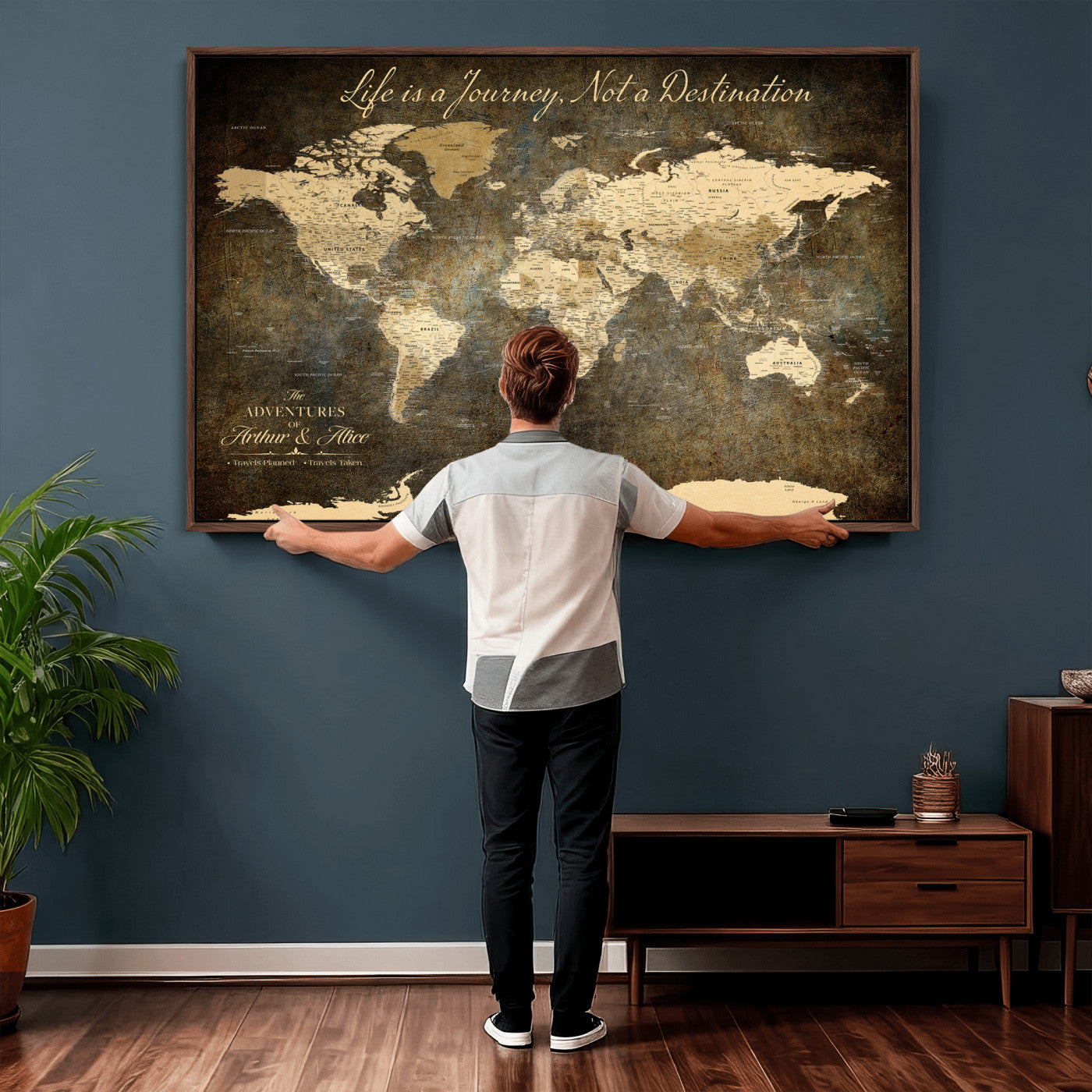 75877068-MGV-CV-36X24 - Custom Push Pin World Map Wall Art Canvas Print – Personalized Travel Tracker with Pins Framed Large for Home and Office Decor