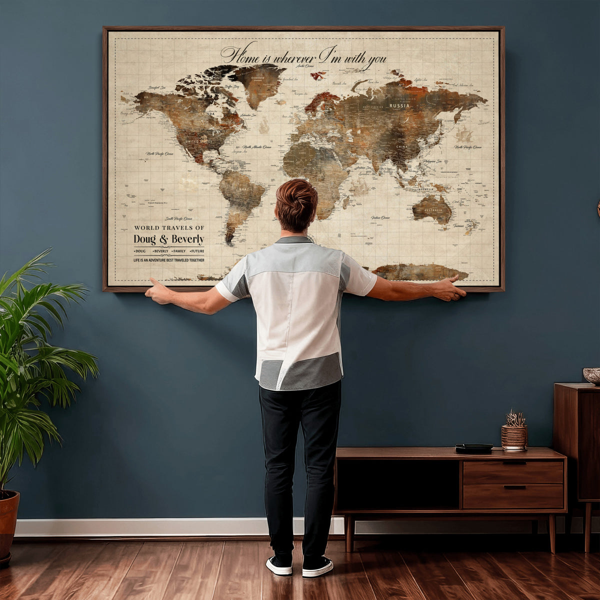 94399474-MGV-CV-36X24 - Large Custom Framed Beige Vintage World Travel Map Wall Art with Pins, Couples Countries Visited Map, Living Room and Hallway Decor