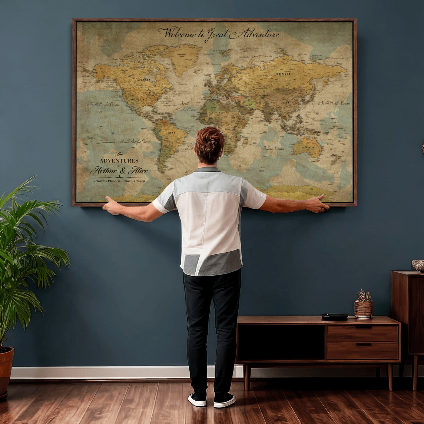 37903085-MGV-CV-36X24 - Custom Push Pin World Map Wall Art Canvas Print – Personalized Travel Tracker with Pins Framed Large for Home and Office Decor