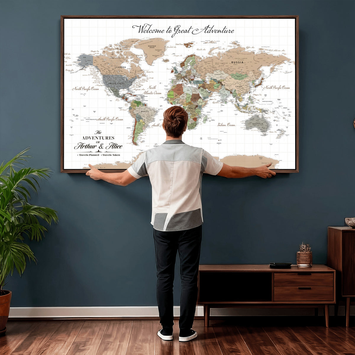 85396539-MGV-CV-36X24 - Custom Beige Push Pin World Map Wall Art, Bucket List Map, Study and Hallway Decor