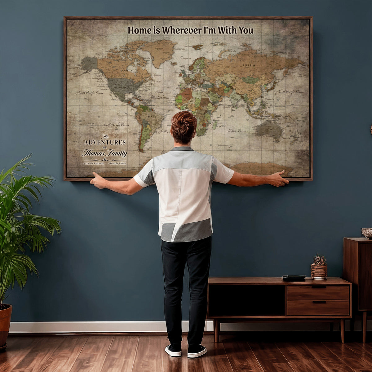 22593671-MGV-CV-36X24 - Personalized Beige Geometric World Map Canvas with Push Pins, Next Trip Planner Map, Study and Entryway Decor