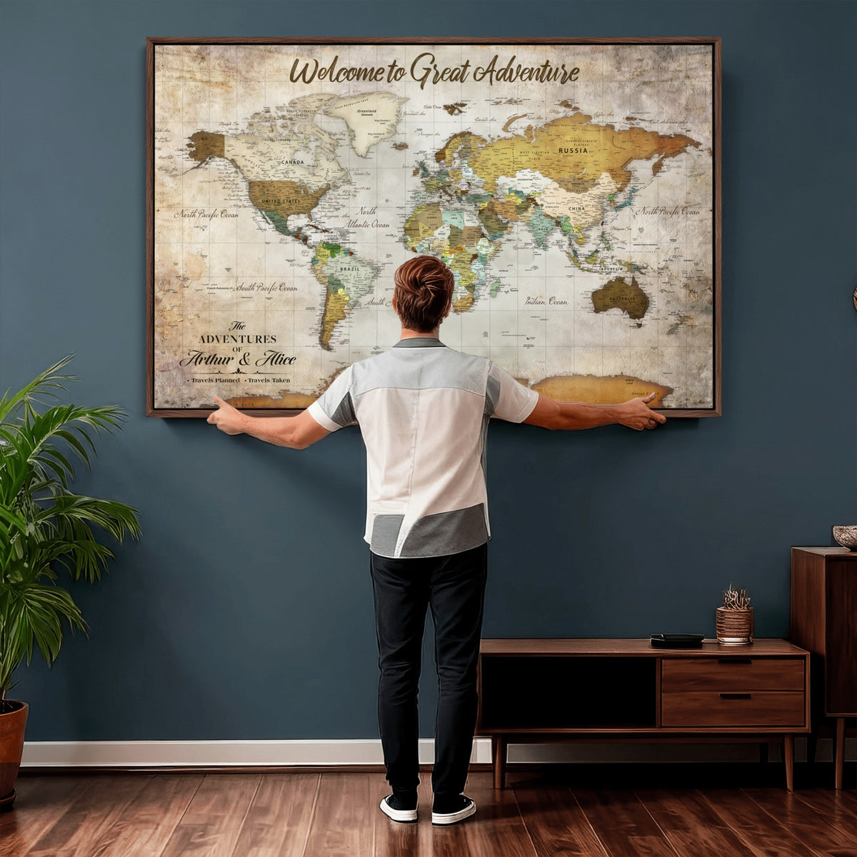 33043195-MGV-CV-36X24 - Personalized Beige World Travel Map Wall Art with Pins, Family Travel Tracker, Family Room and Study Decor