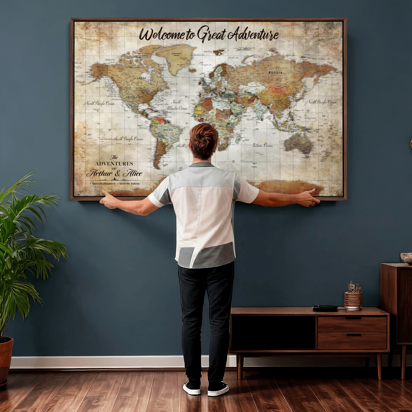22906161-MGV-CV-36X24 - Custom Push Pin World Map Wall Art Canvas Print – Personalized Travel Tracker with Pins Framed Large for Home and Office Decor