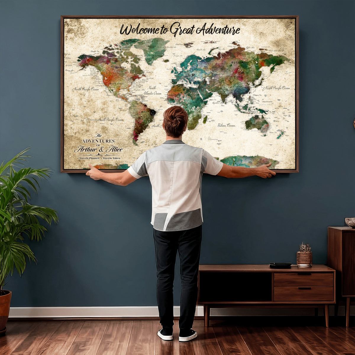 89225601-MGV-CV-36X24 - Personalized Beige Grunge World Map Canvas with Push Pins, Next Trip Planner Map, Family Room and Home Office Decor
