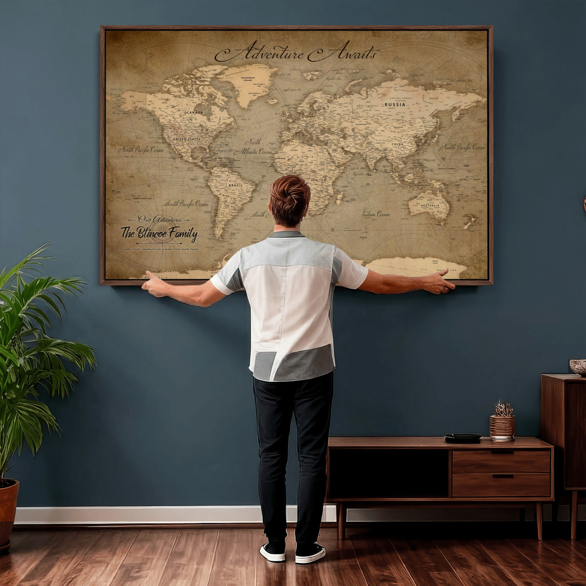 59418012-MGV-CV-36X24 - Personalized Framed Beige World Travel Map Wall Art with Pins, Family Travel Tracker, Family Room and Entryway Decor