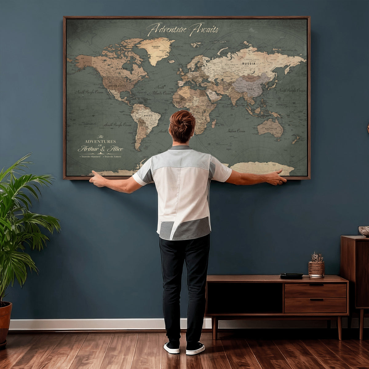 24734446-MGV-CV-36X24 - Personalized Framed Beige Modern World Map Canvas with Push Pins, Bucket List Map, Family Room and Dining Room Decor