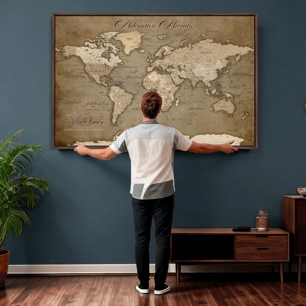 96775856-MGV-CV-36X24 - Custom Beige Modern Push Pin World Map Canvas Print, Family Travel Tracker, Dining Room and Home Office Decor