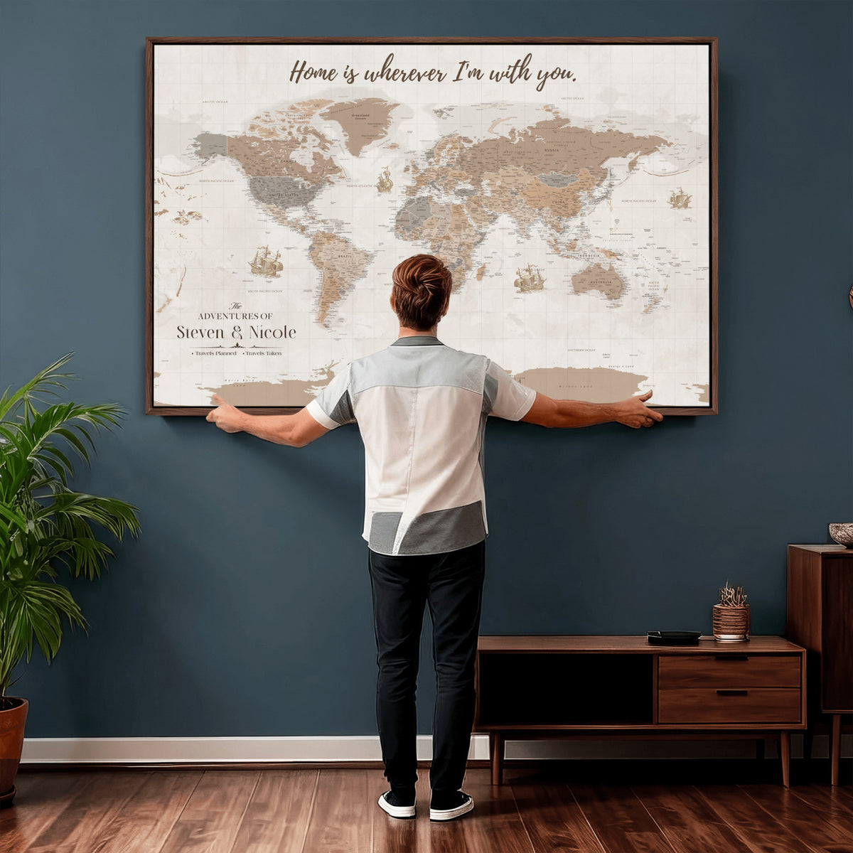 25831578-MGV-CV-36X24 - Custom Push Pin World Map Wall Art Canvas Print | Personalized Travel Tracker with Pins Framed Large for Home and Office Decor