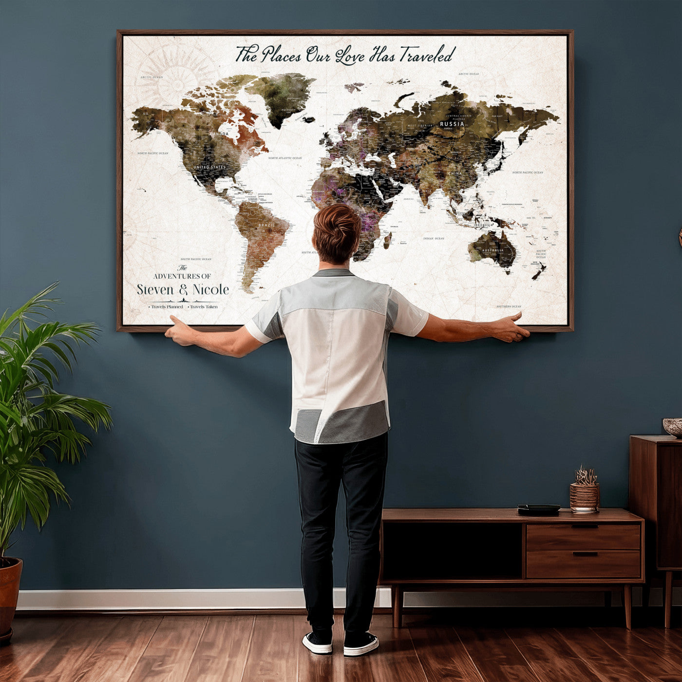 34345515-MGV-CV-36X24 - Custom Push Pin World Map Wall Art Canvas Print – Personalized Travel Tracker with Pins Framed Large for Home and Office Decor