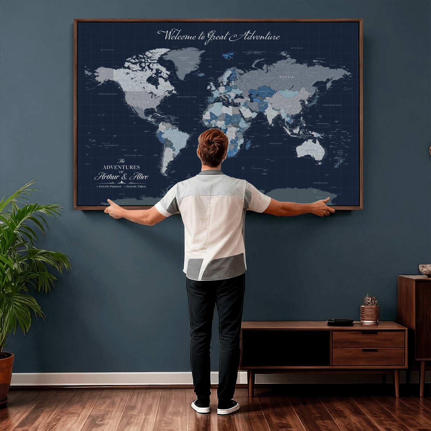 51673389-MGV-CV-36X24 - Custom Push Pin World Map Wall Art Canvas Print – Personalized Travel Tracker with Pins Framed Large for Home and Office Decor