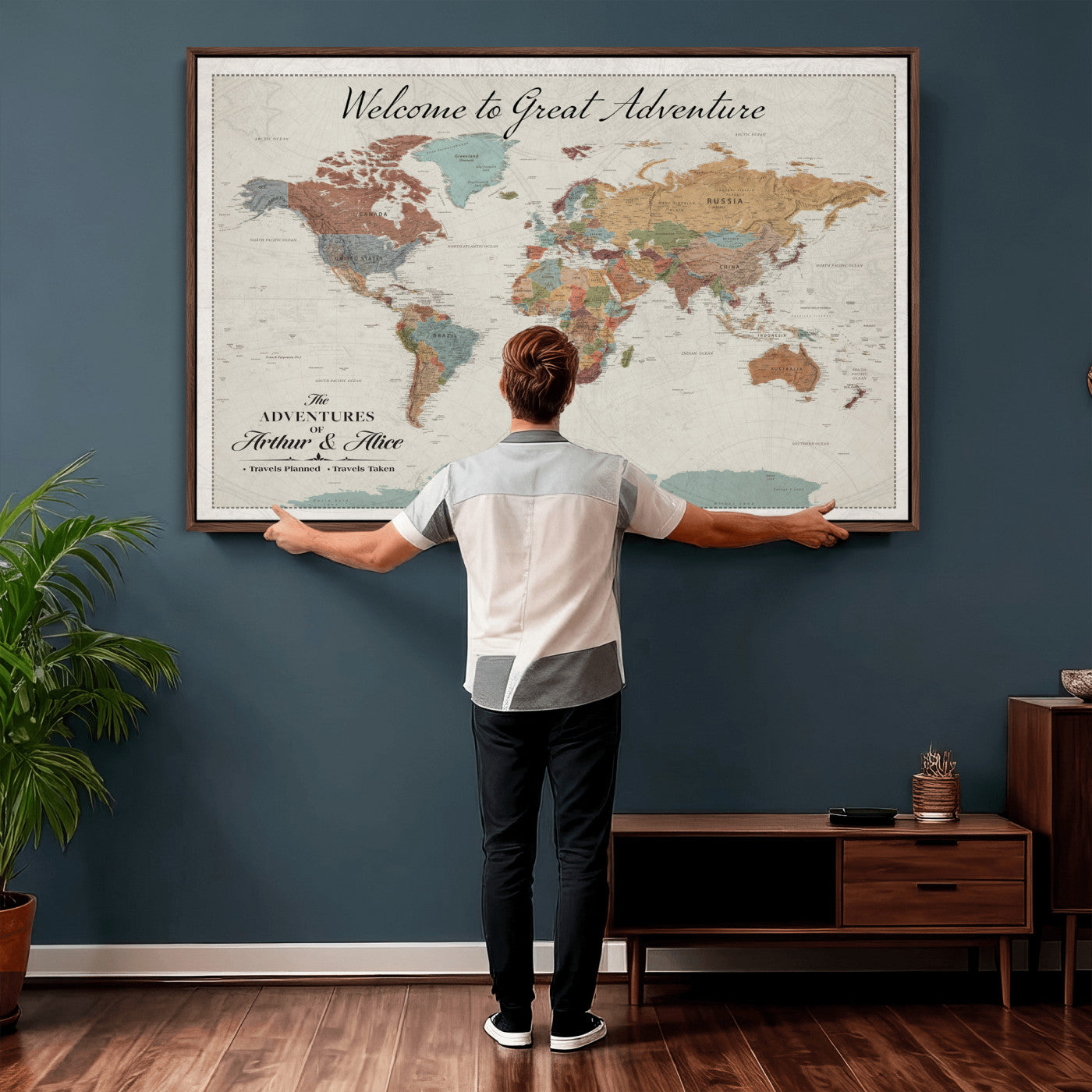 32470528-MGV-CV-36X24 - Custom Push Pin World Map Wall Art Canvas Print – Personalized Travel Tracker with Pins Framed Large for Home and Office Decor