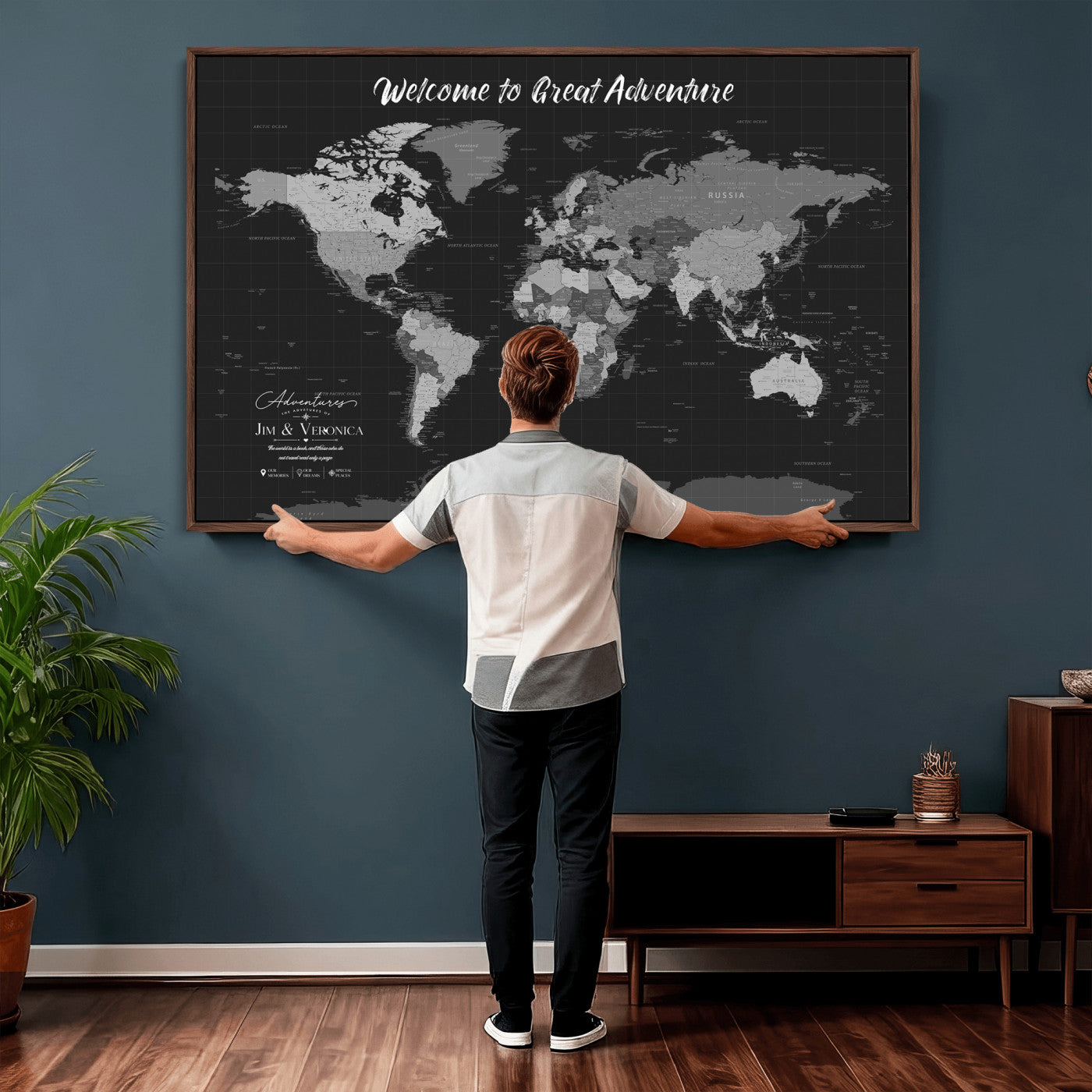 57127599-MGV-CV-36X24 - Custom Push Pin World Map Wall Art Canvas Print – Personalized Travel Tracker with Pins Framed Large for Home and Office Decor