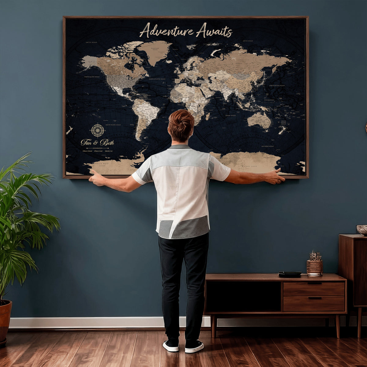 66938317-MGV-CV-36X24 - Custom Push Pin World Map Wall Art Canvas Print | Personalized Travel Tracker with Pins Framed Large for Home and Office Decor