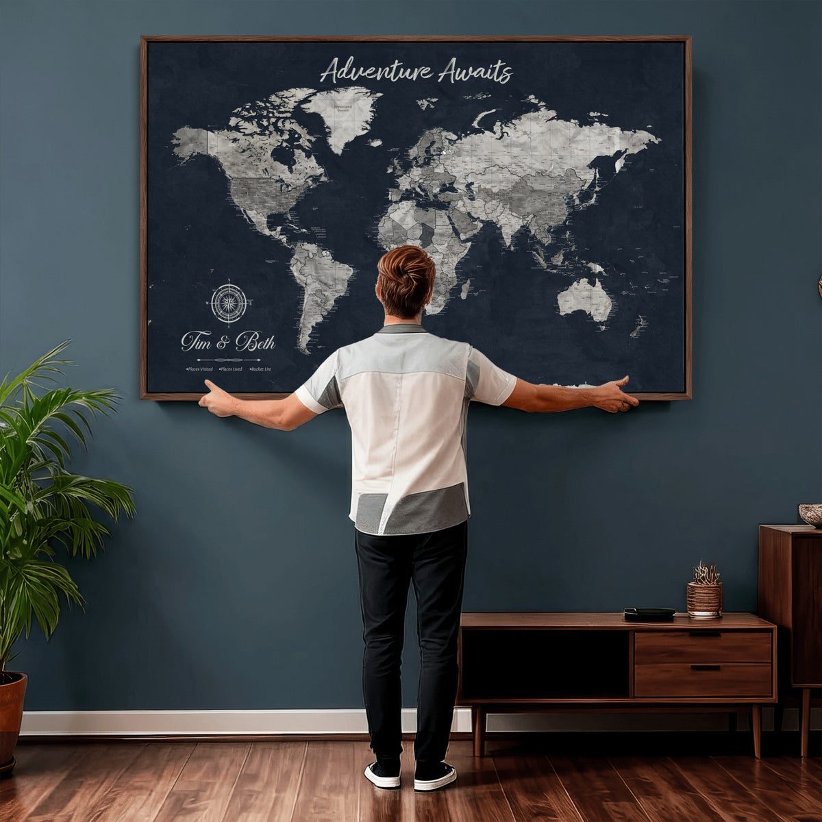 32031089-MGV-CV-36X24 - Custom Push Pin World Map Wall Art Canvas Print | Personalized Travel Tracker with Pins Framed Large for Home and Office Decor