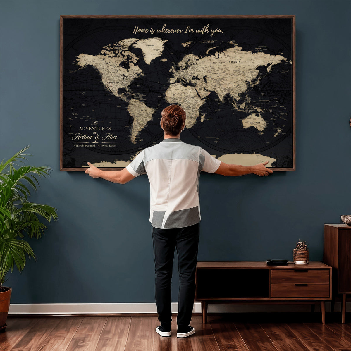 31416046-MGV-CV-36X24 - Custom Framed Beige Vintage Push Pin Travel Map Canvas Print, Honeymoon and Anniversary Gift, Study and Hallway Decor