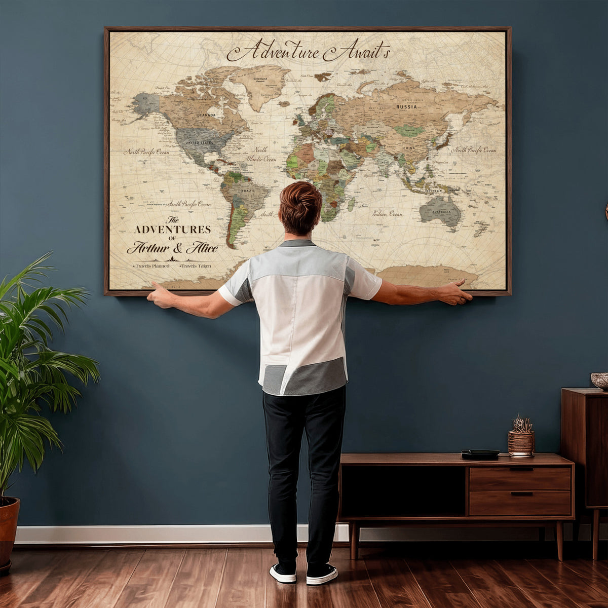 18308111-MGV-CV-36X24 - Custom Push Pin World Map Wall Art Canvas Print | Personalized Travel Tracker with Pins Framed Large for Home and Office Decor