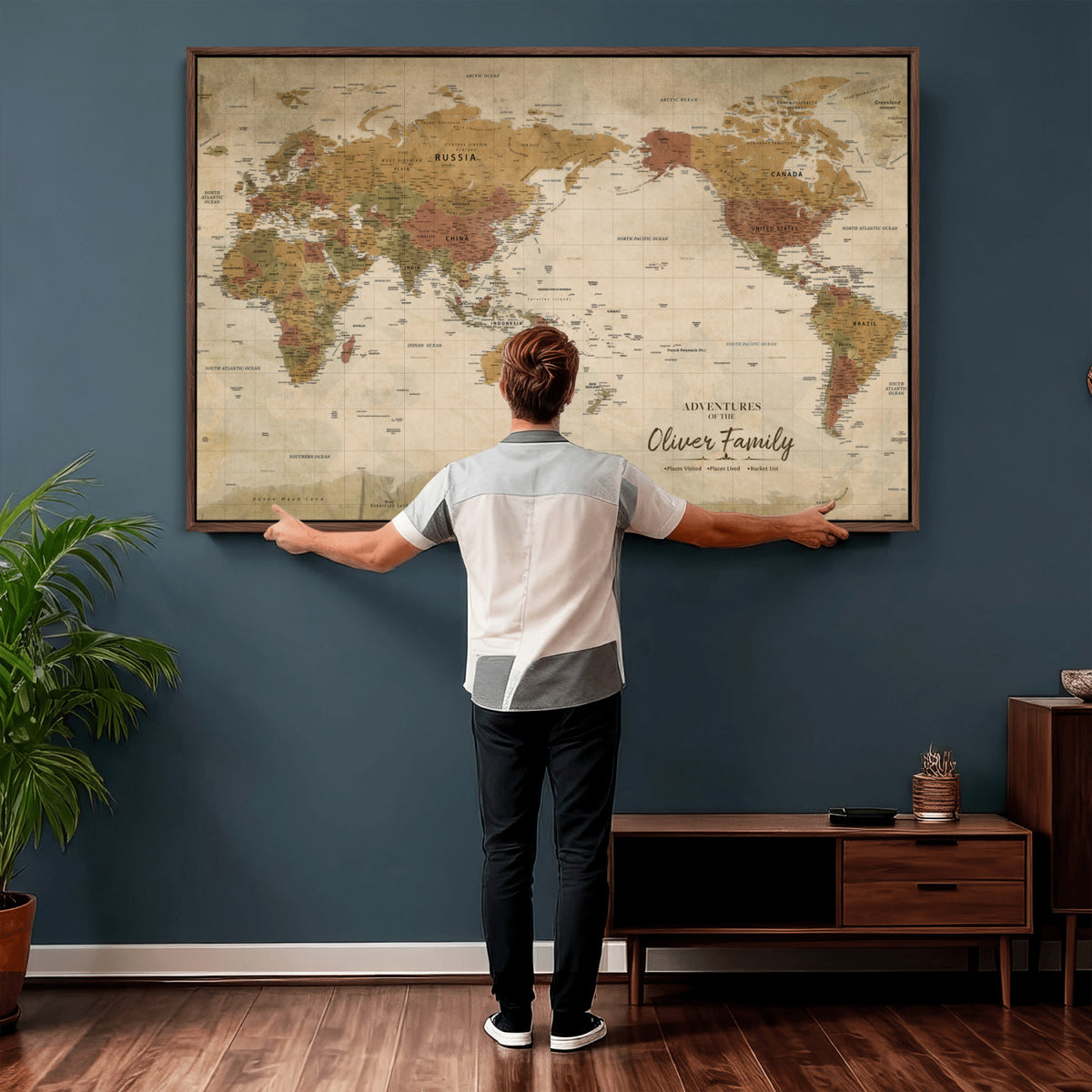 19347393-MGV-CV-36X24 - Personalized Framed Navy Modern World Map Canvas with Push Pins, Bucket List Map, Living Room and Entryway Decor