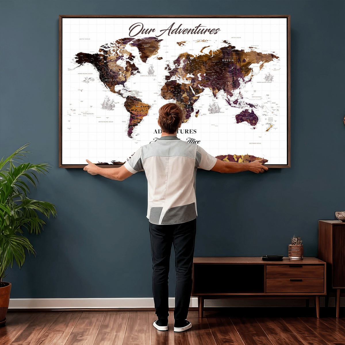 95729279-MGV-CV-36X24 - Personalized Framed Beige Vintage Push Pin Travel Map Canvas Print, Next Trip Planner Map, Home Office and Entryway Decor