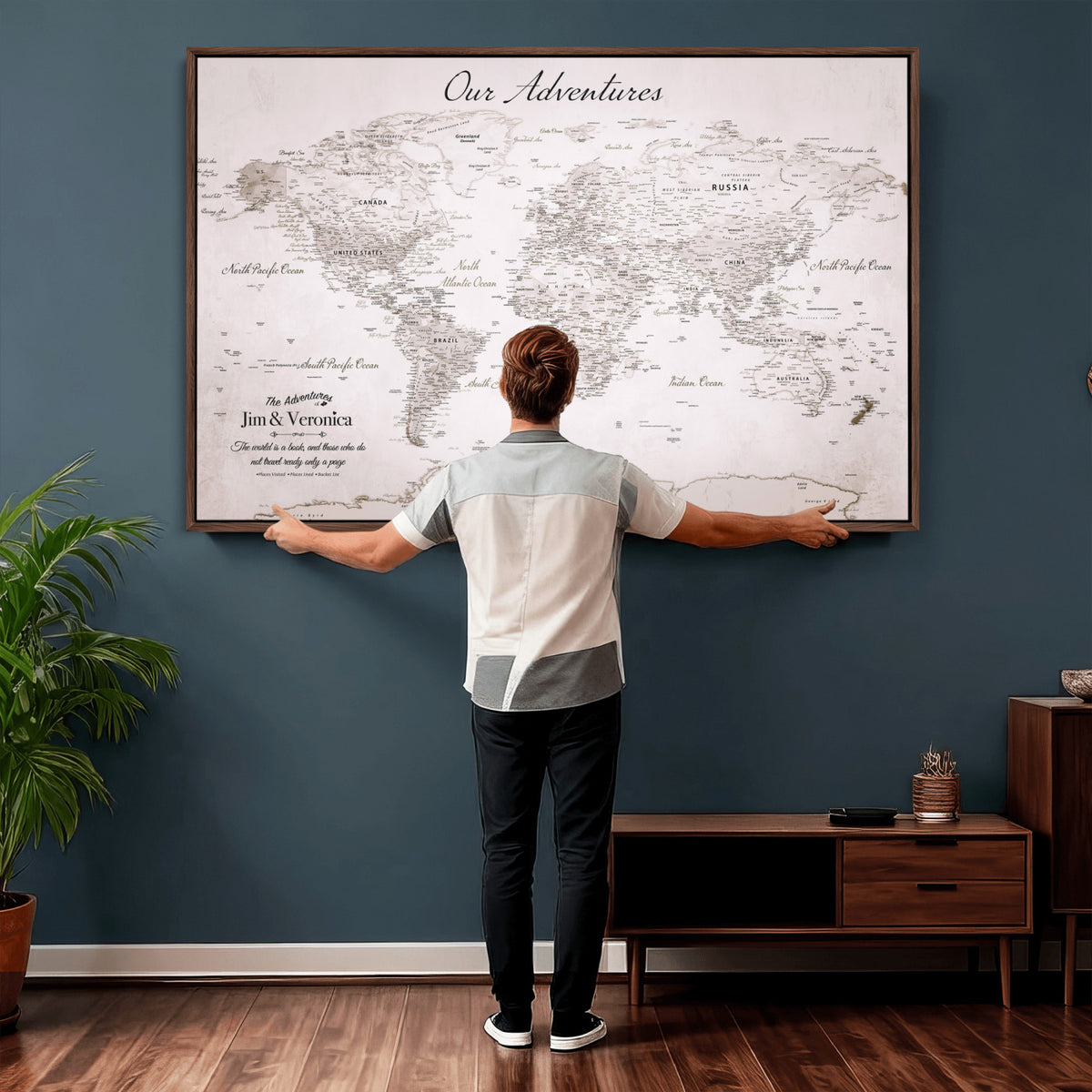 62392749-MGV-CV-36X24 - Personalized Beige Vintage World Travel Map Wall Art with Pins, Honeymoon and Anniversary Gift, Entryway and Hallway Decor
