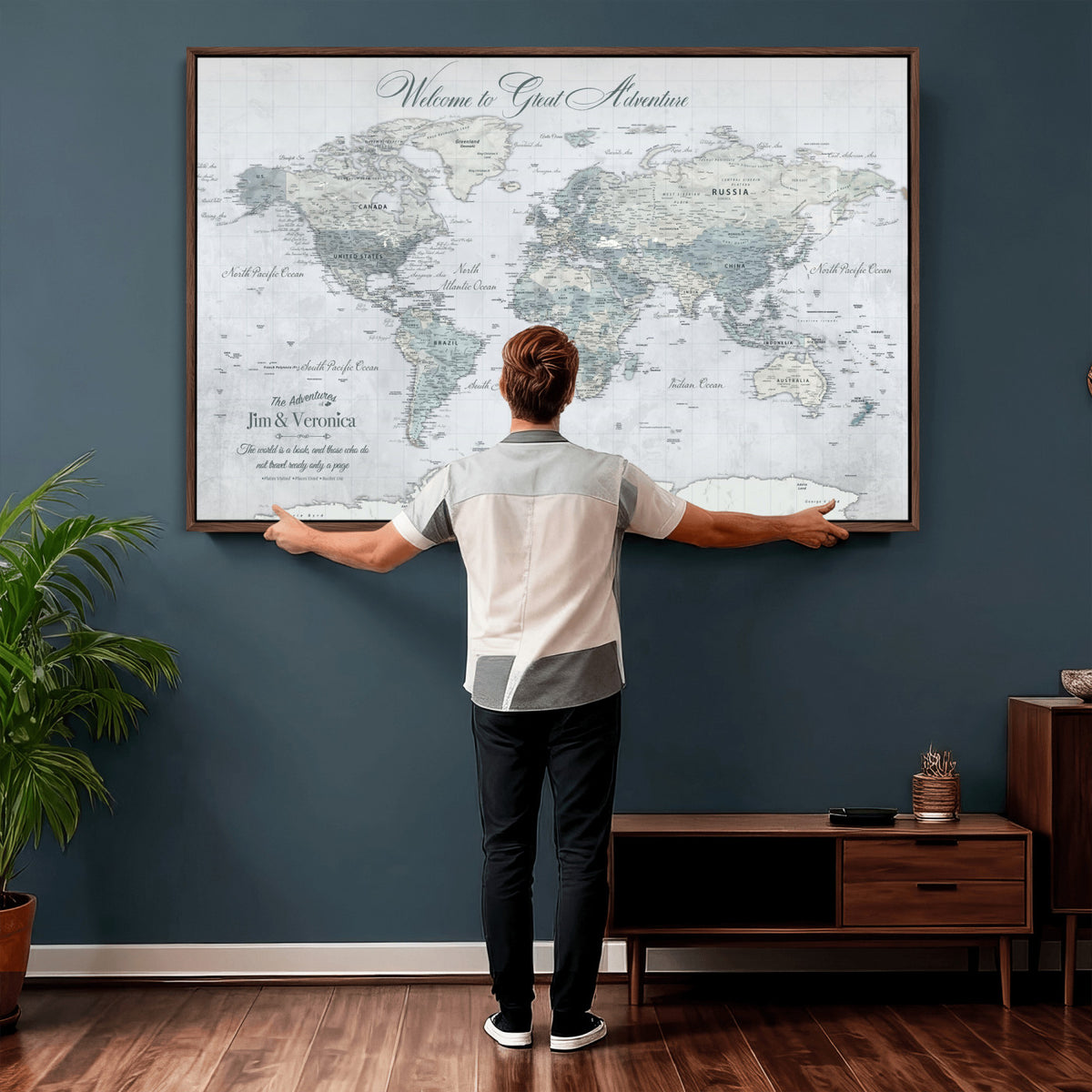 55391088-MGV-CV-36X24 - Personalized Beige Antique Push Pin World Map Canvas Print, Family Travel Tracker, Family Room and Entryway Decor
