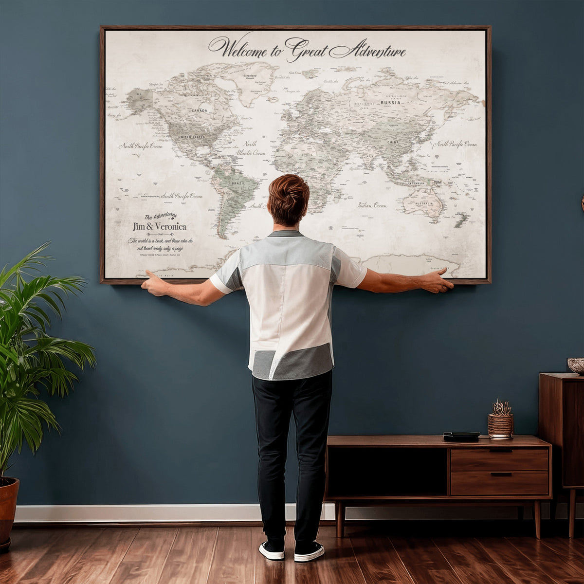 84311132-MGV-CV-36X24 - Personalized Beige World Map Canvas with Push Pins, Places Visited Tracker, Family Room and Entryway Decor