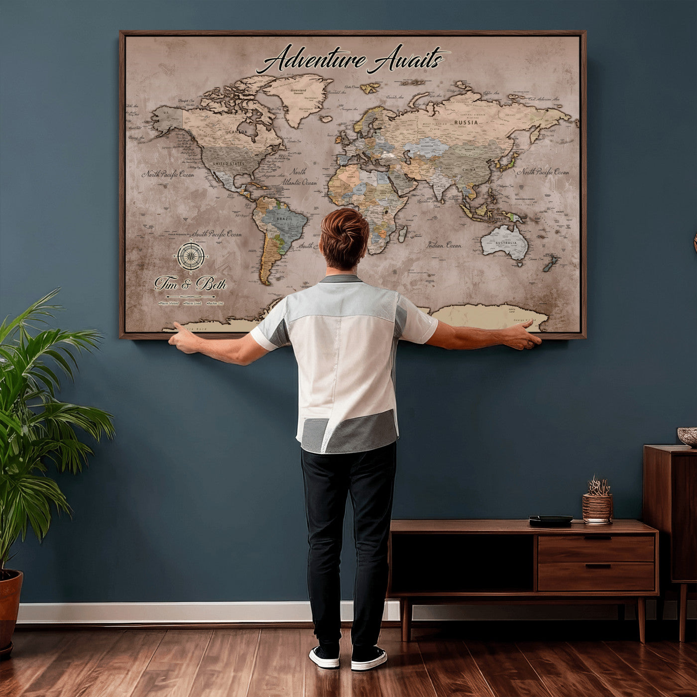 30508877-MGV-CV-36X24 - Custom Push Pin World Map Wall Art Canvas Print – Personalized Travel Tracker with Pins Framed Large for Home and Office Decor