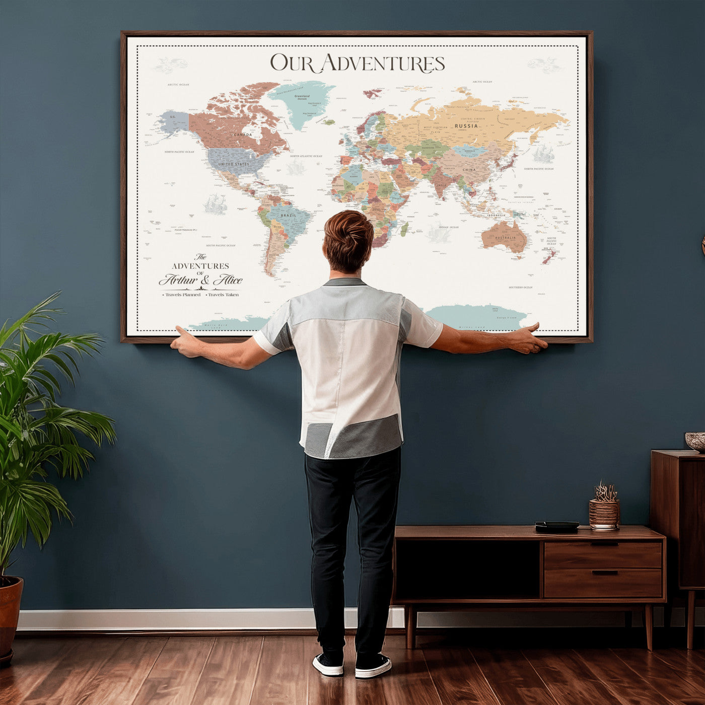 30191756-MGV-CV-36X24 - Custom Push Pin World Map Wall Art Canvas Print – Personalized Travel Tracker with Pins Framed Large for Home and Office Decor