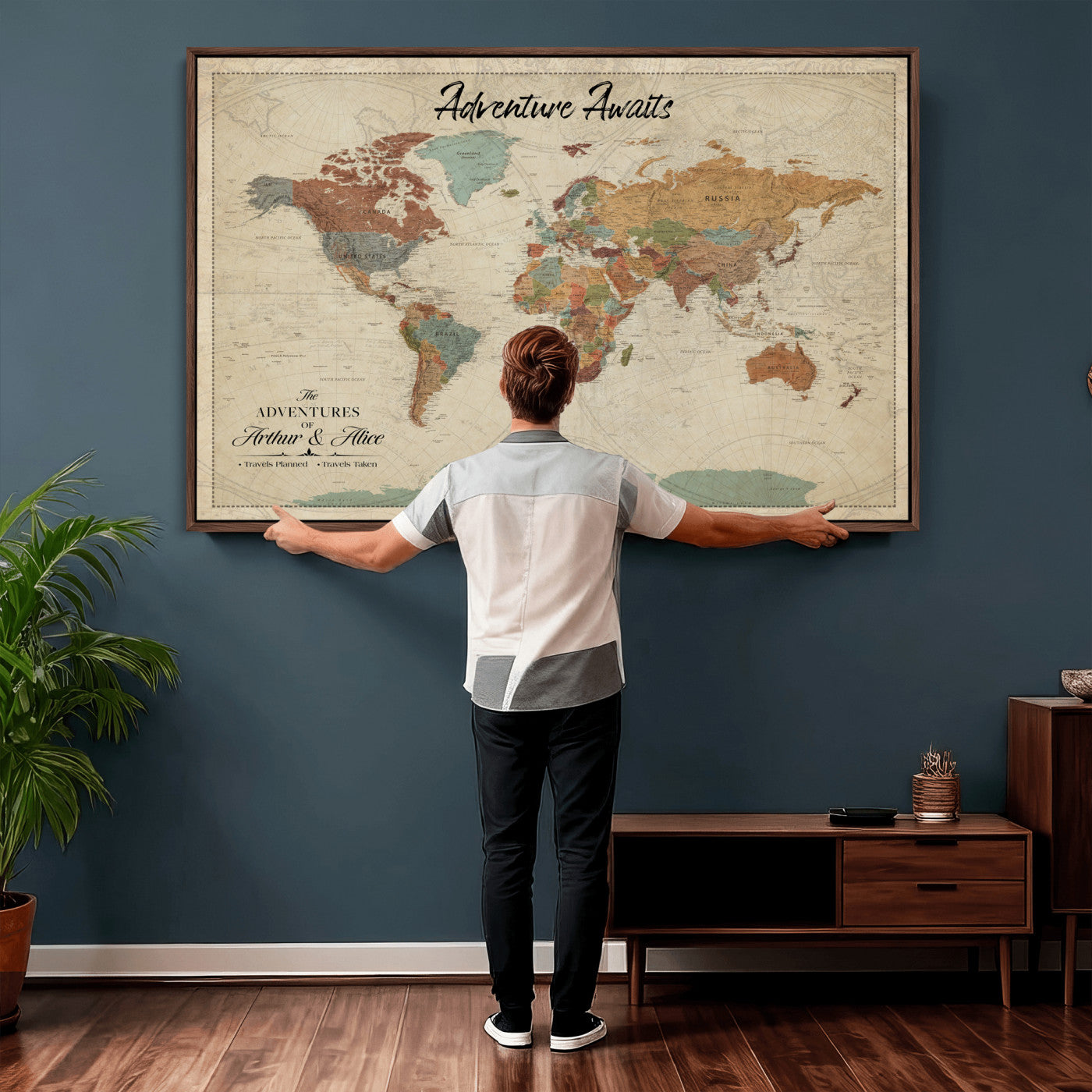 10741176-MGV-CV-36X24 - Custom Push Pin World Map Wall Art Canvas Print – Personalized Travel Tracker with Pins Framed Large for Home and Office Decor