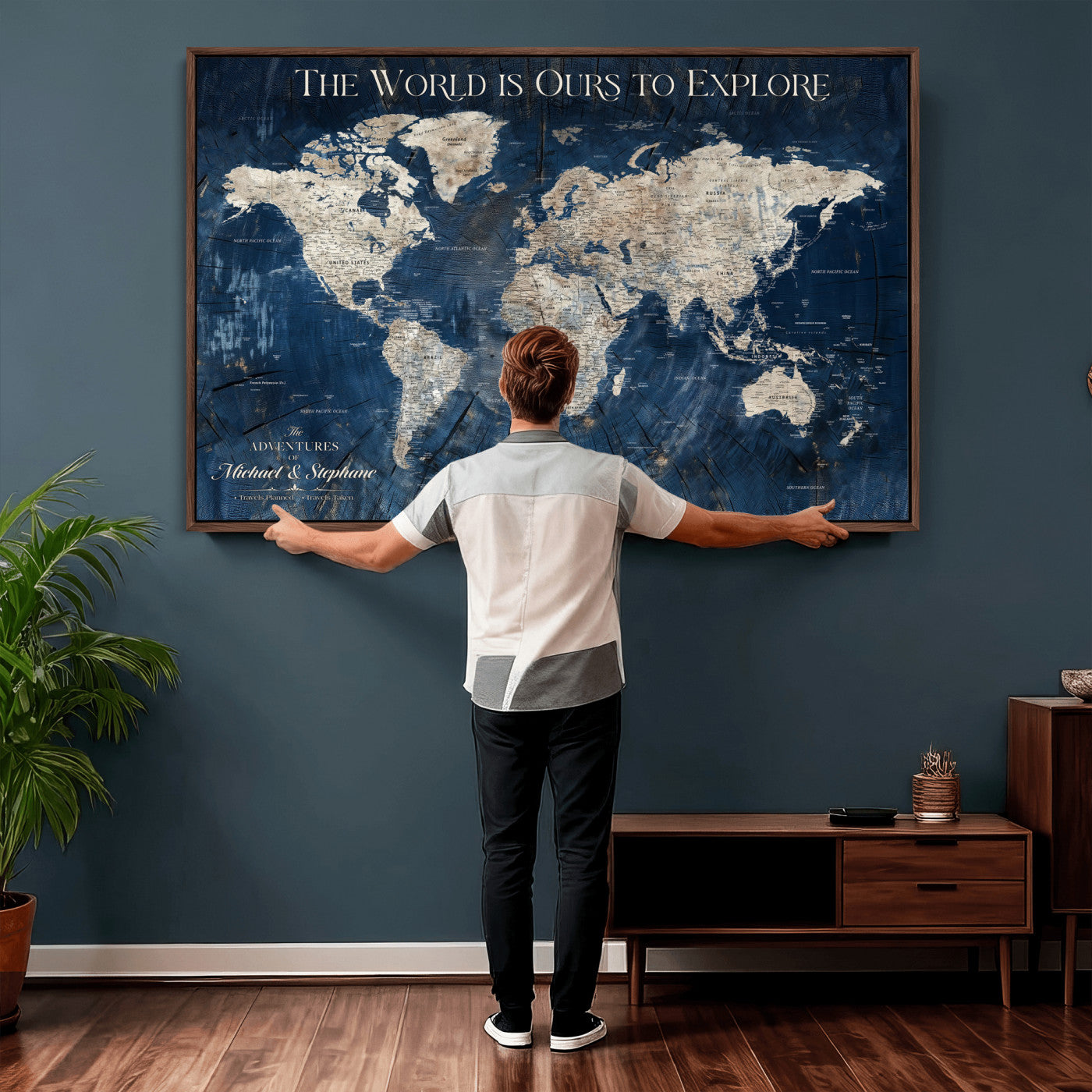 76965912-MGV-CV-36X24 - Custom Push Pin World Map Wall Art Canvas Print – Personalized Travel Tracker with Pins Framed Large for Home and Office Decor