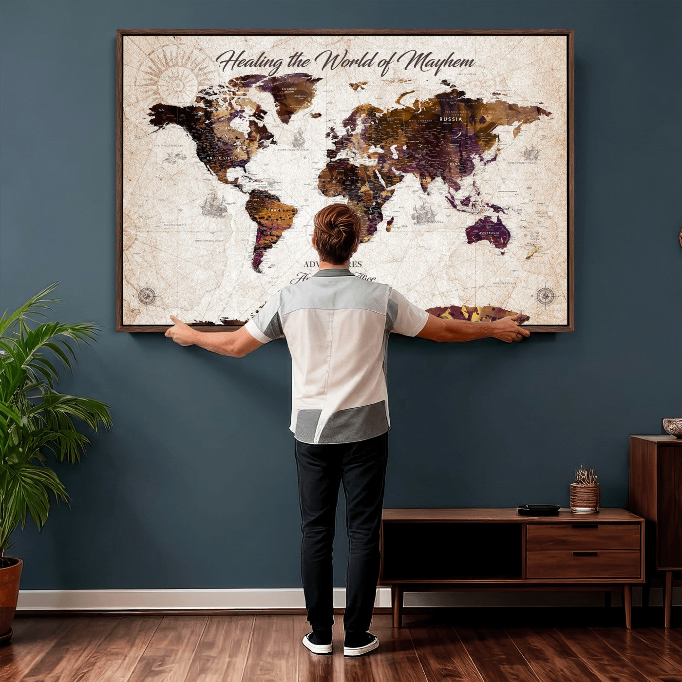 20154714-MGV-CV-36X24 - Custom Push Pin World Map Wall Art Canvas Print – Personalized Travel Tracker with Pins Framed Large for Home and Office Decor