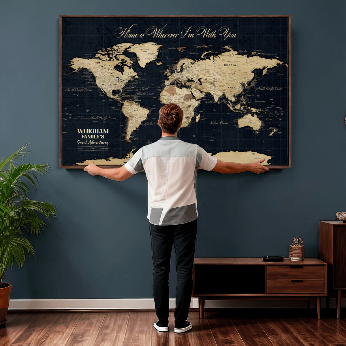 86888698-MGV-CV-36X24 - Custom Push Pin World Map Wall Art Canvas Print | Personalized Travel Tracker with Pins Framed Large for Home and Office Decor
