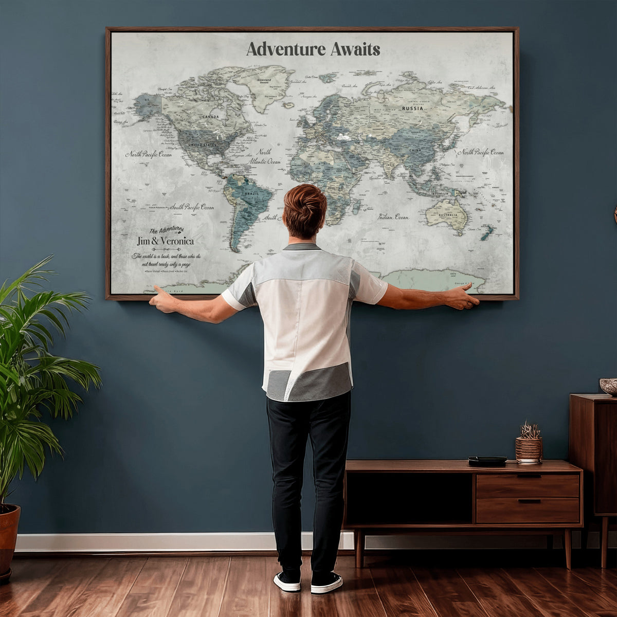 11945570-MGV-CV-36X24 - Custom Push Pin World Map Wall Art Canvas Print | Personalized Travel Tracker with Pins Framed Large for Home and Office Decor