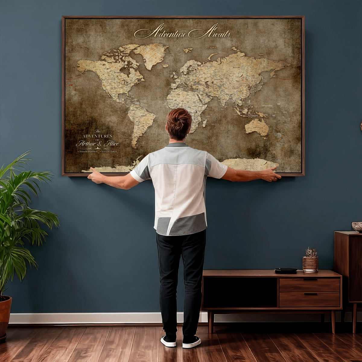 61836190-MGV-CV-36X24 - Custom Push Pin World Map Wall Art Canvas Print | Personalized Travel Tracker with Pins Framed Large for Home and Office Decor