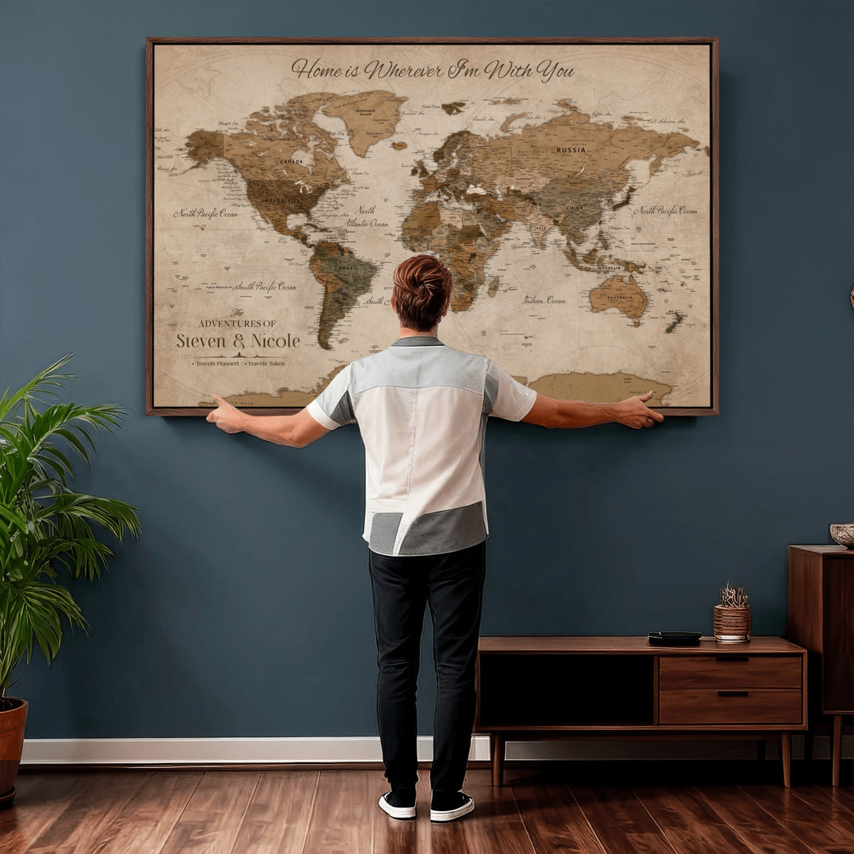 67360040-MGV-CV-36X24 - Personalized Framed Navy Geometric World Map Canvas with Push Pins, Couples Countries Visited Map, Living Room and Hallway Decor