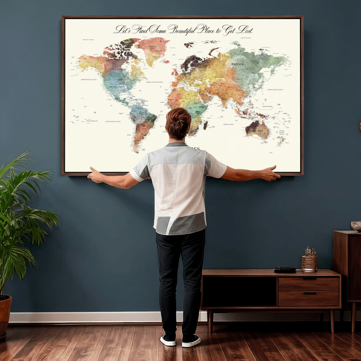 73360781-MGV-CV-36X24 - Custom Push Pin World Map Wall Art Canvas Print – Personalized Travel Tracker with Pins Framed Large for Home and Office Decor
