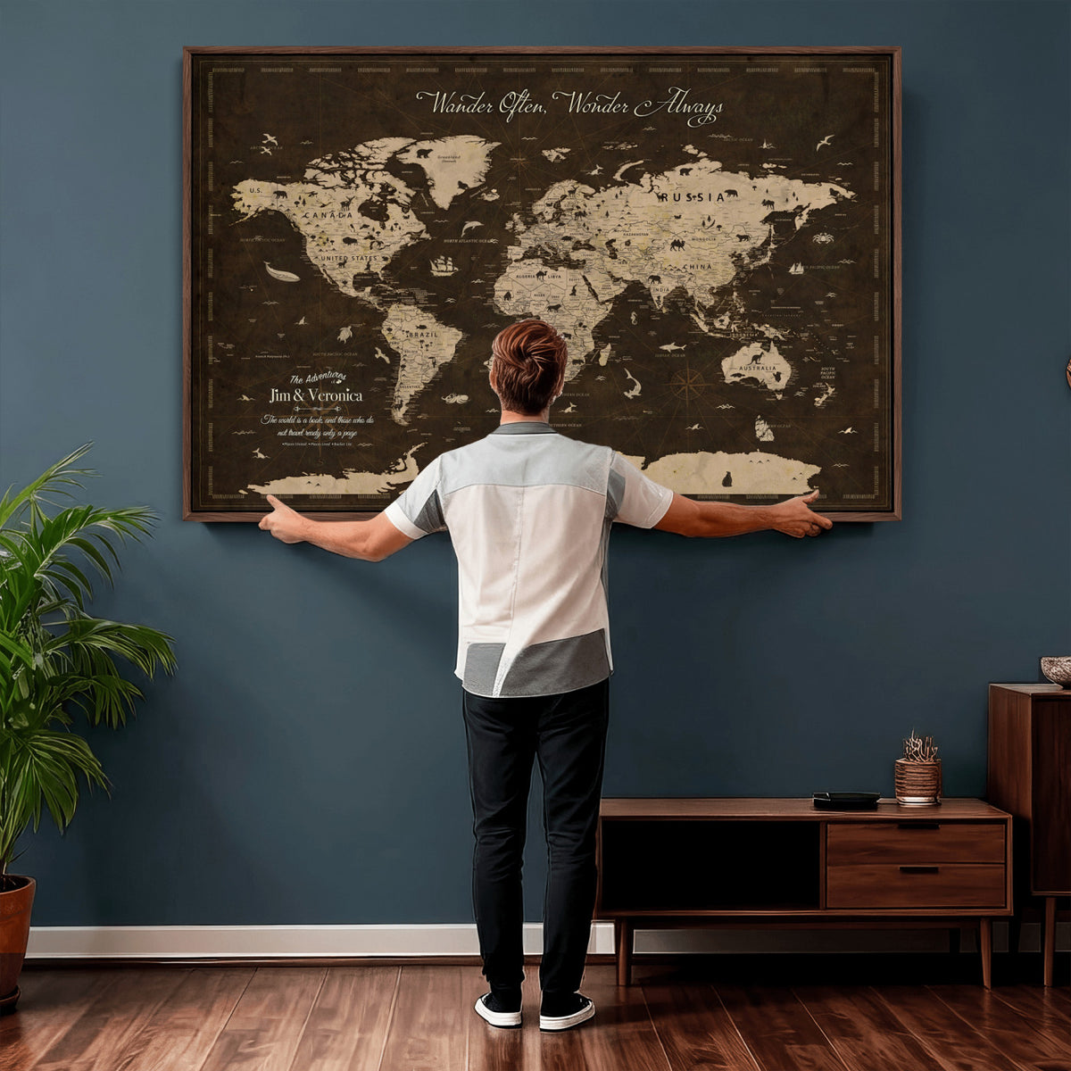 20091587-MGV-CV-36X24 - Personalized Framed Navy Modern Push Pin Travel Map Canvas Print, Places Visited Tracker, Living Room and Home Office Decor