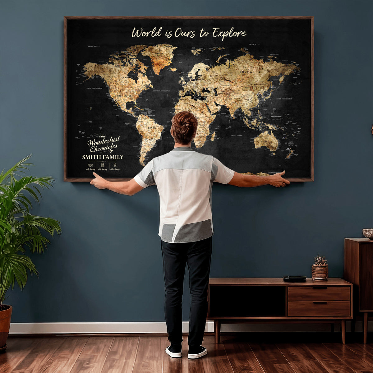 73732636-MGV-CV-36X24 - Custom Push Pin World Map Wall Art Canvas Print – Personalized Travel Tracker with Pins Framed Large for Home and Office Decor