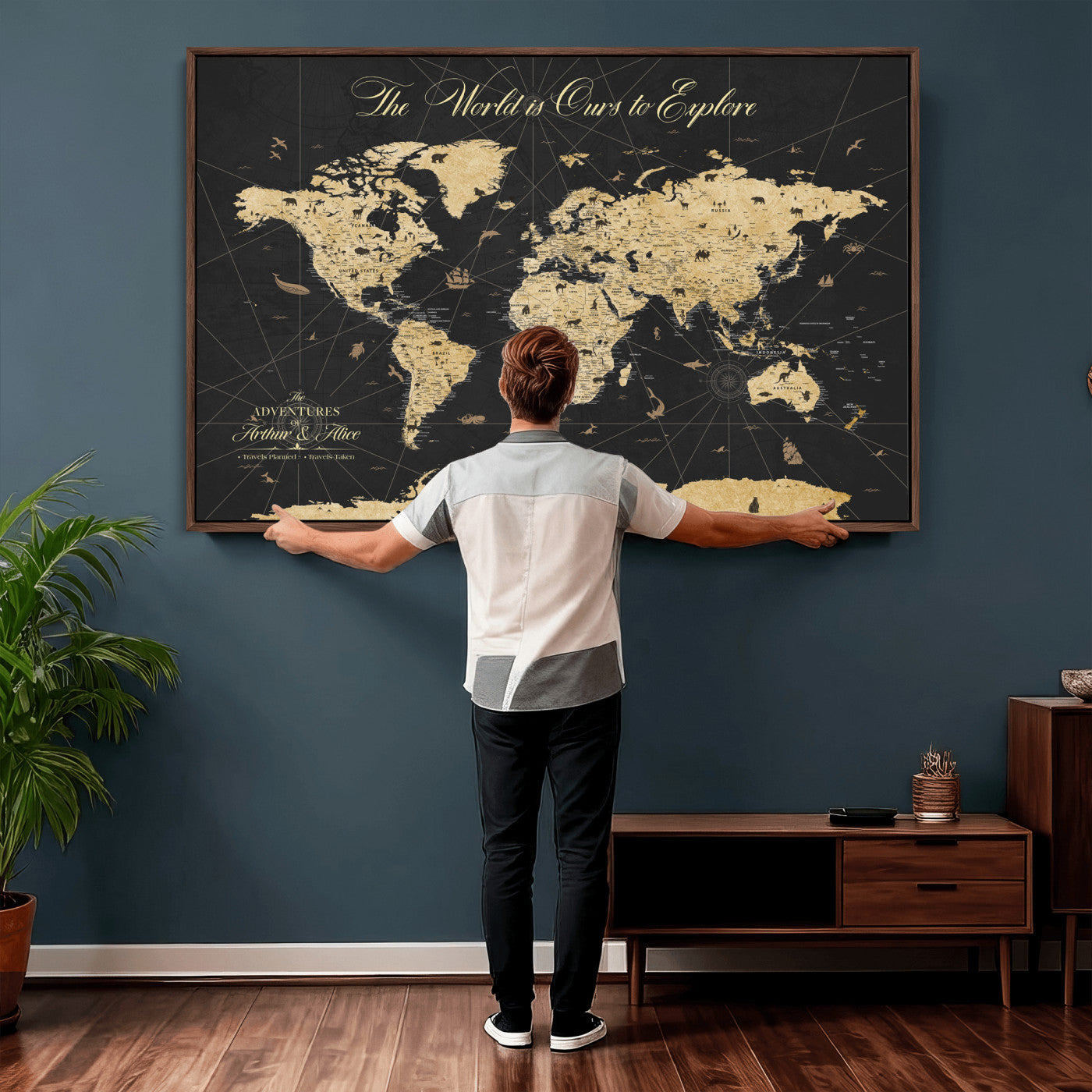 54097664-MGV-CV-36X24 - Custom Push Pin World Map Wall Art Canvas Print – Personalized Travel Tracker with Pins Framed Large for Home and Office Decor