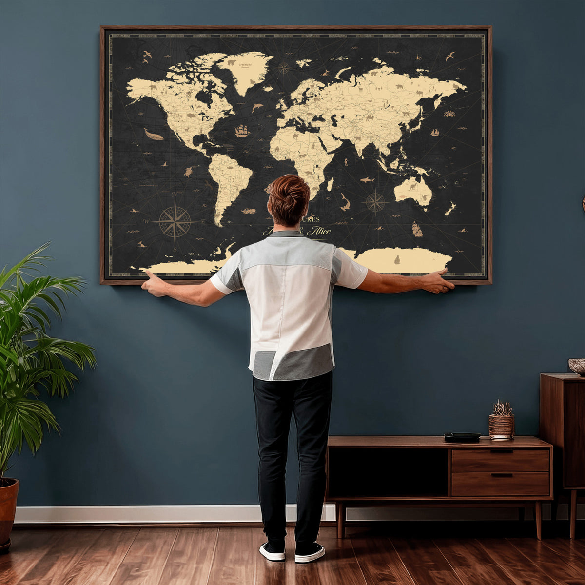 23208482-MGV-CV-36X24 - Custom Push Pin World Map Wall Art Canvas Print | Personalized Travel Tracker with Pins Framed Large for Home and Office Decor