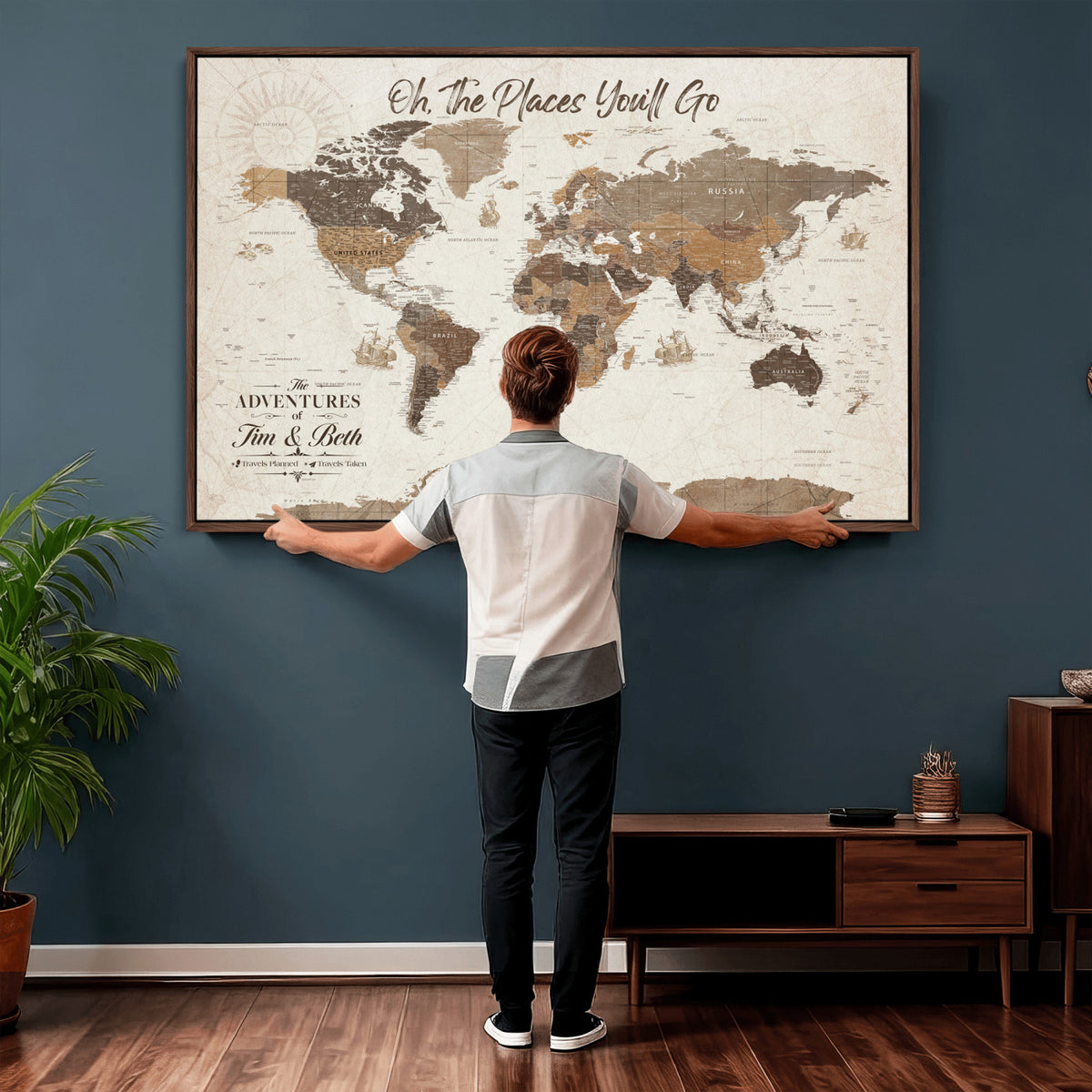 NEWMAP-8-MGV-CV-36X24 - Custom Beige World Travel Map Wall Art with Pins, Couples Countries Visited Map, Living Room and Study Decor