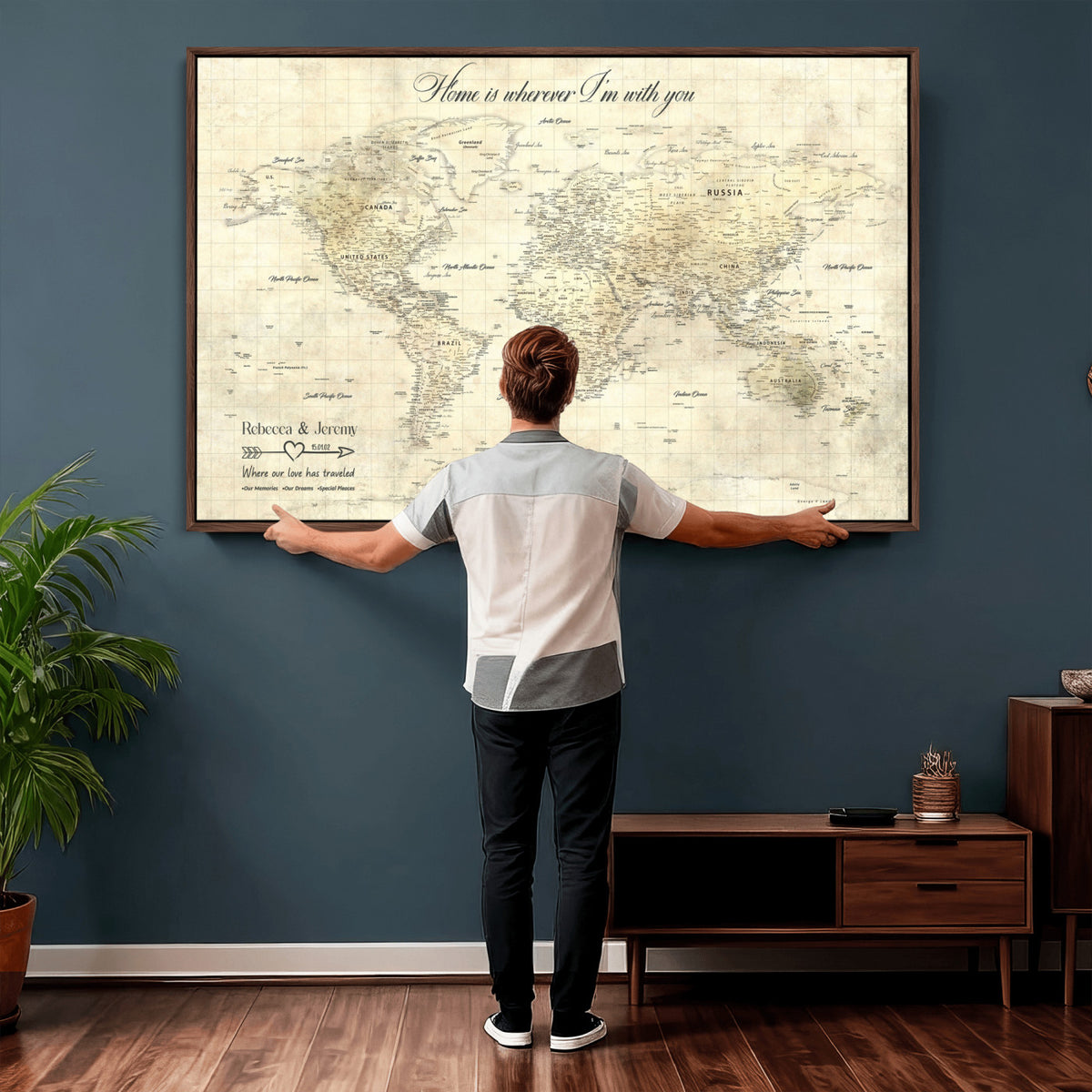 30705590-MGV-CV-36X24 - Custom Push Pin World Map Wall Art Canvas Print | Personalized Travel Tracker with Pins Framed Large for Home and Office Decor