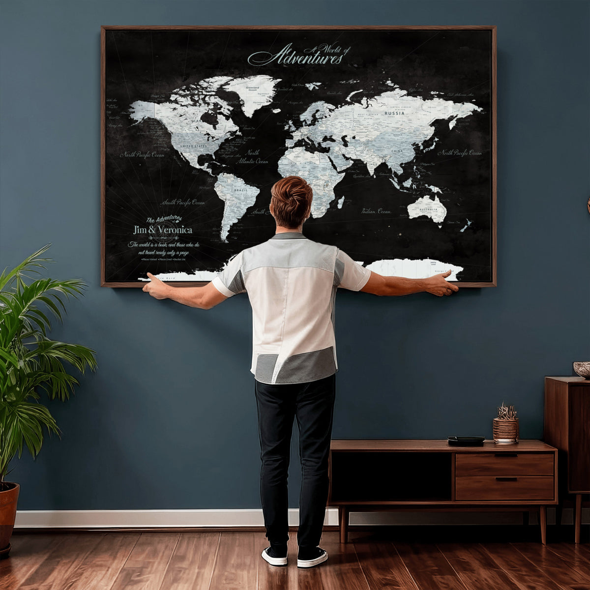 67491071-MGV-CV-36X24 - Custom Beige World Travel Map Wall Art with Pins, Places Visited Tracker, Bedroom and Home Office Decor